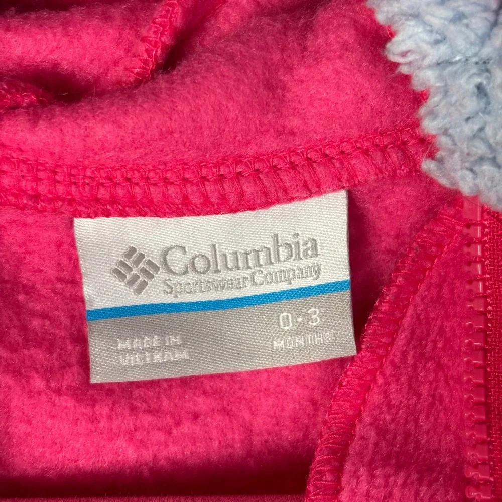 Columbia Fleece Bunting 0-3 Months Pink Hooded Bear Ears‎ Zip Up Snowsuit